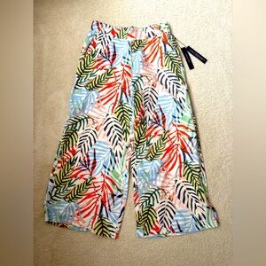 Tahari tropical print wide leg 100% linen short relaxed fit pants, sz M colorful